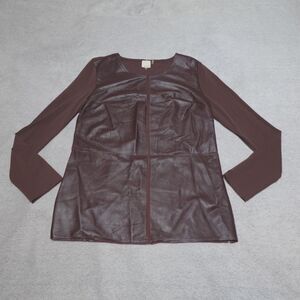 Ecru Leather Shirt Womens Small Chocolate Brown Mixed Media Panel Quiet‎ Luxury